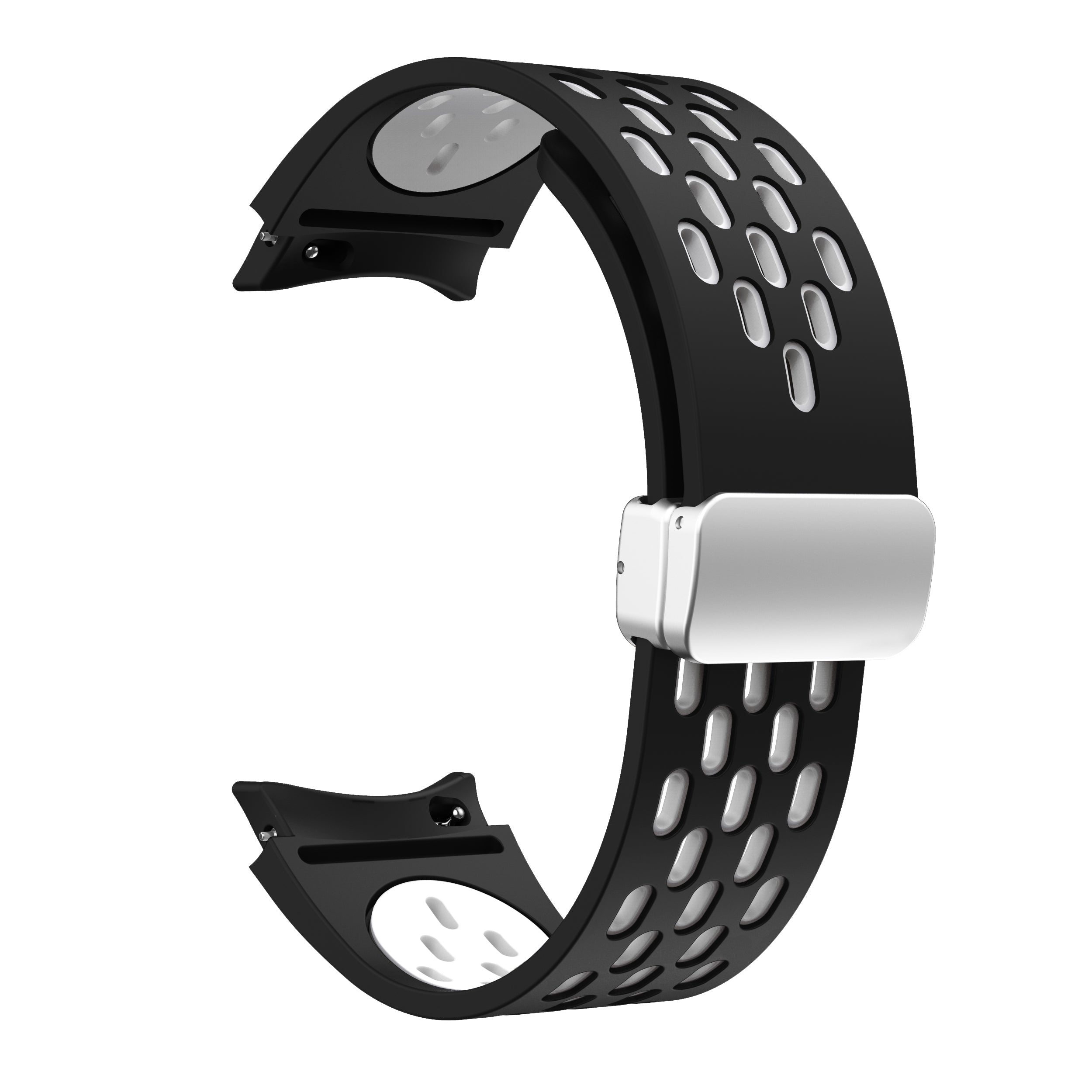 For Samsung Galaxy Watch6 40mm / Watch6 44mm / Watch6 Classic 43mm Watch Strap with Silver Buckle - White+Black For Samsung Galaxy Watch6 40mm / Watch6 44mm / Watch6 Classic 43mm Watch Strap with Silver Buckle - White+Black